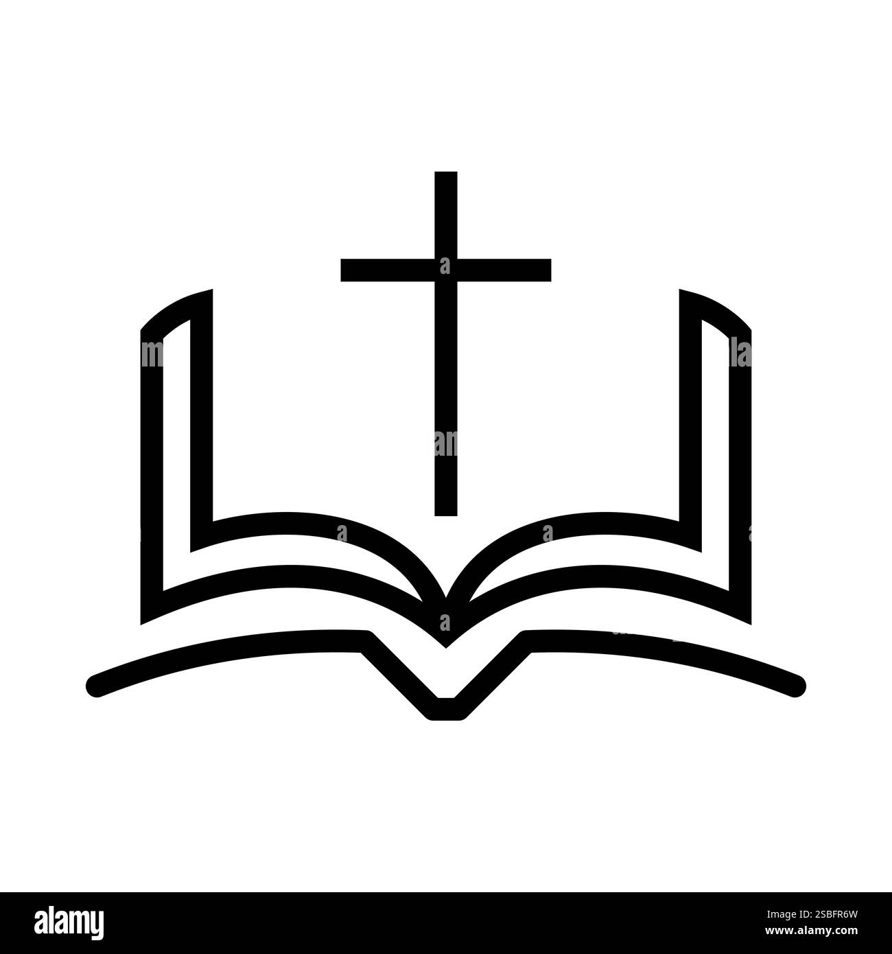 Icône religion. Simple icône noire et blanche de croix chrétienne debout sur la Bible ouverte. Illustration vectorielle Illustration de Vecteur