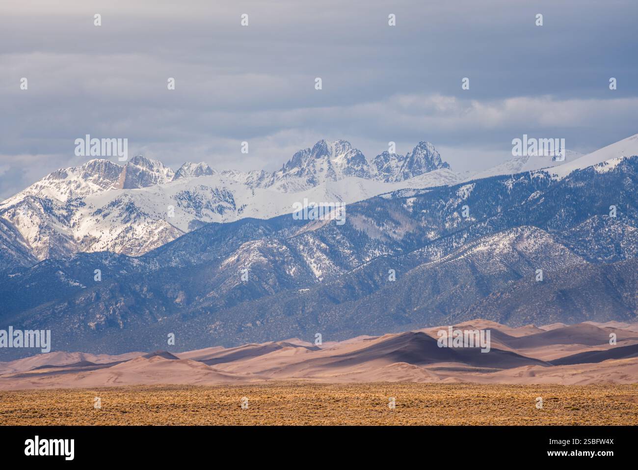 Dunes de sable à la base de sommets enneigés Banque D'Images
