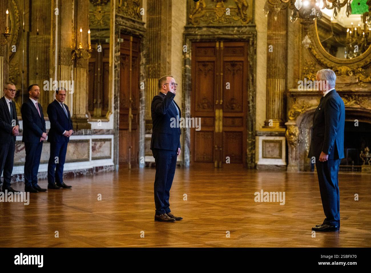 Bruxelles, Belgique. 03rd Feb, 2025. Le ministre de l’énergie Mathieu Bihet photographié lors de la cérémonie de serment du nouveau premier ministre et des membres du gouvernement fédéral au Palais Royal, lundi 03 février 2025, à Bruxelles. Les négociateurs des cinq partis qui composent la coalition de l'Arizona - la N-va, MR, engagés, Vooruit et CD&V - sont parvenus à un accord gouvernemental vendredi soir. BELGA PHOTO JASPER JACOBS crédit : Belga News Agency/Alamy Live News Banque D'Images