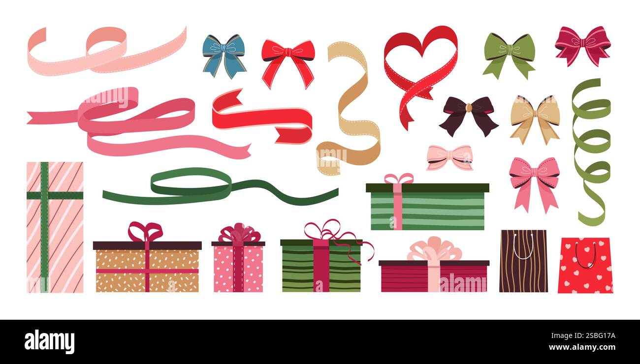 Ensemble de coffrets cadeaux, sacs, rubans et noeuds. Illustration de Vecteur