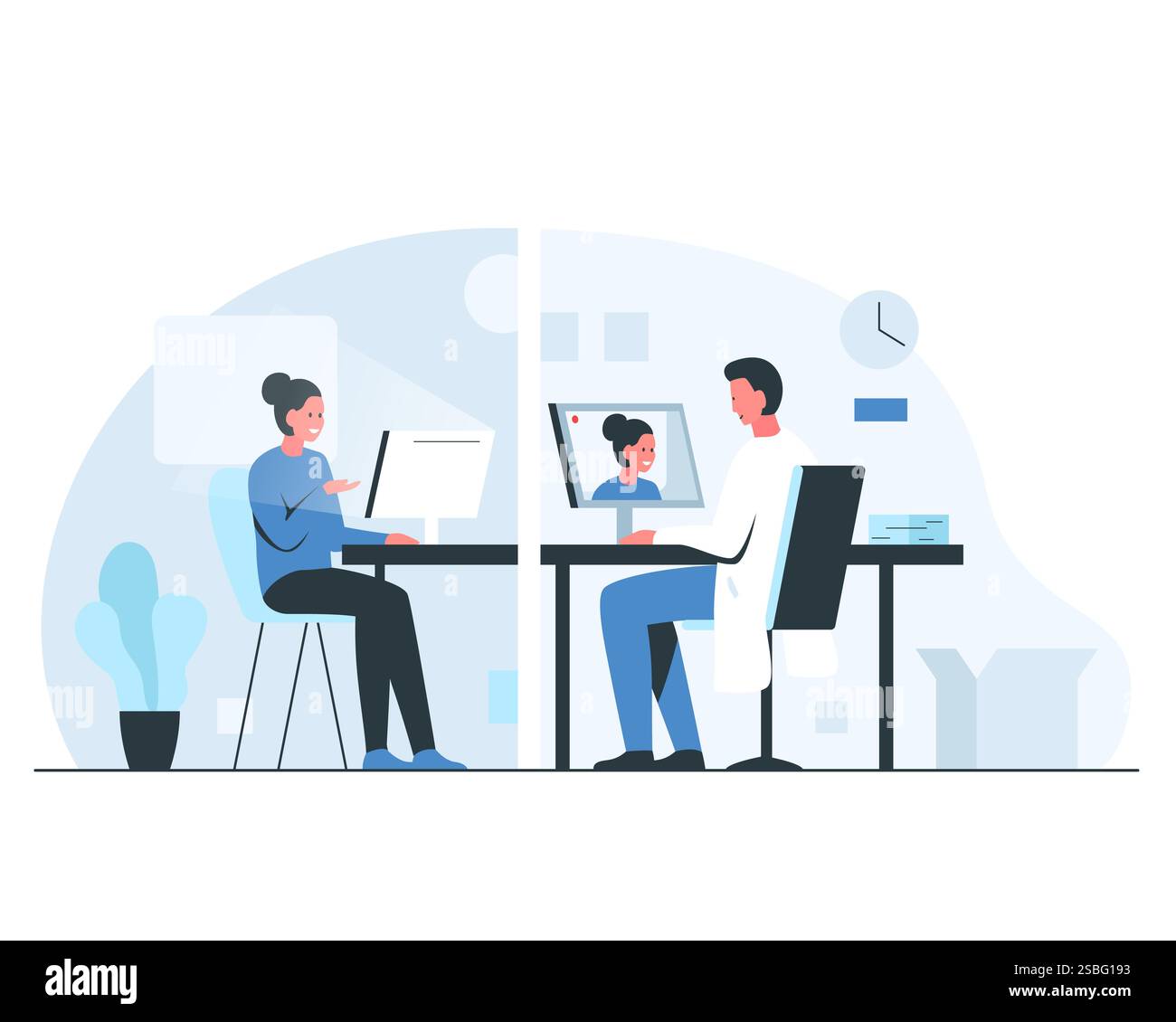 Consultation avec un médecin par appel vidéo. Rendez-vous médical en ligne par vidéoconférence. Illustration colorée de concept de vecteur de docteur masculin assis Illustration de Vecteur