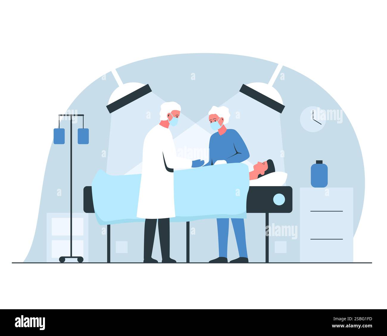 Chirurgien et infirmier pratiquant une opération en salle de chirurgie d'un hôpital. Vecteur concept illustration colorée d'un homme sous les lumières anestheti Illustration de Vecteur