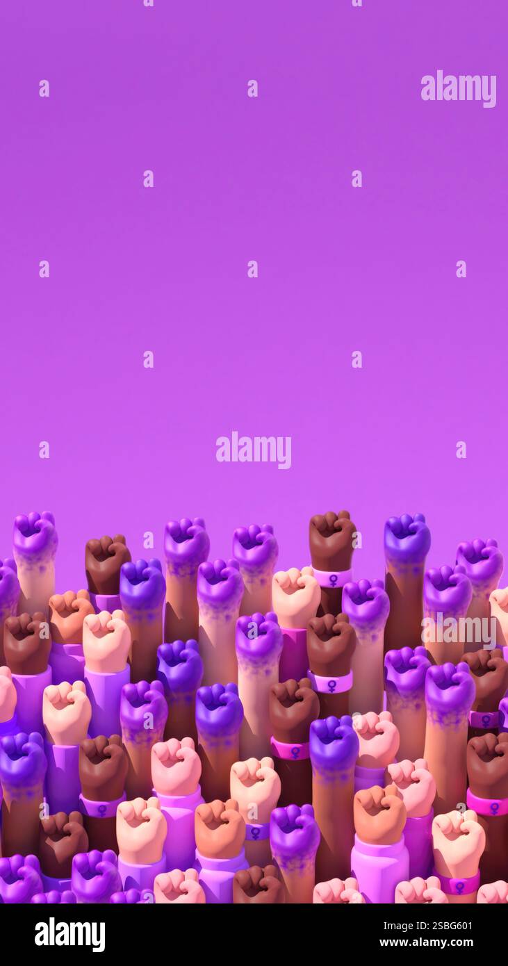 Multi-ethnique a levé les poings des femmes pour la Journée internationale de la femme sur les médias sociaux et l'activisme féministe dans l'illustration 3D. 8 mars pour l'indépendance, Banque D'Images