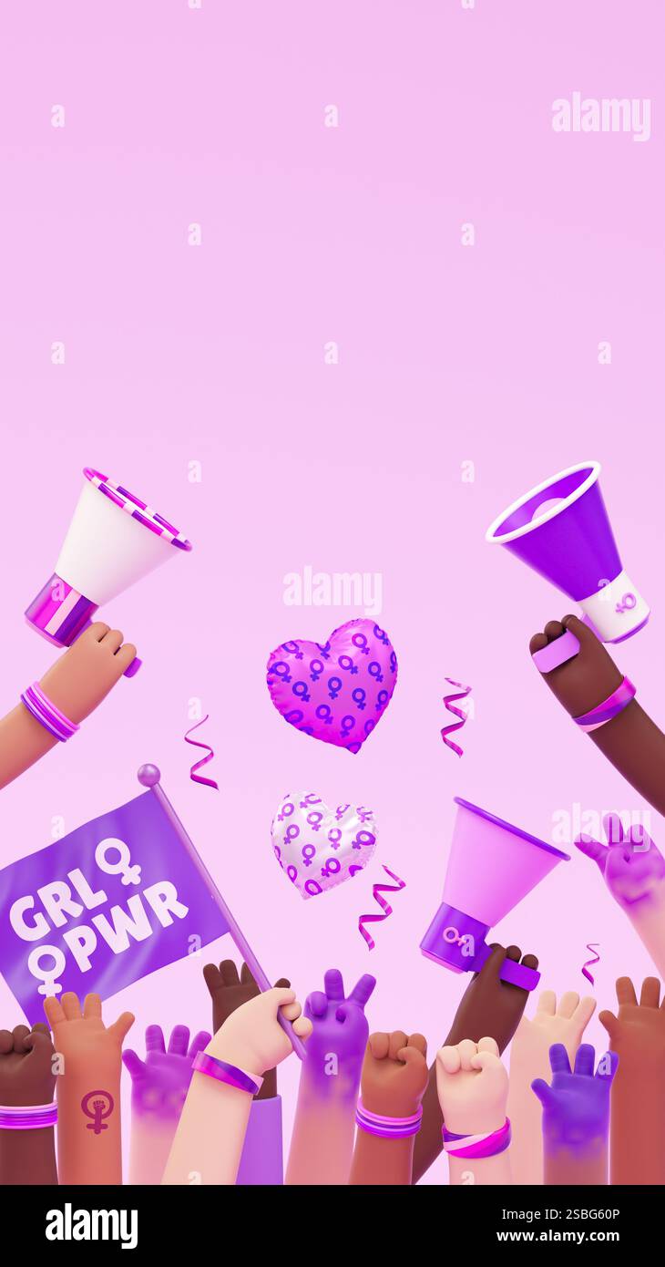 La Journée internationale de la femme publie sur les réseaux sociaux avec des mains diverses, levant des drapeaux féministes, des mégaphones et des ballons en cœur, célébrant l'autonomisation des femmes Banque D'Images