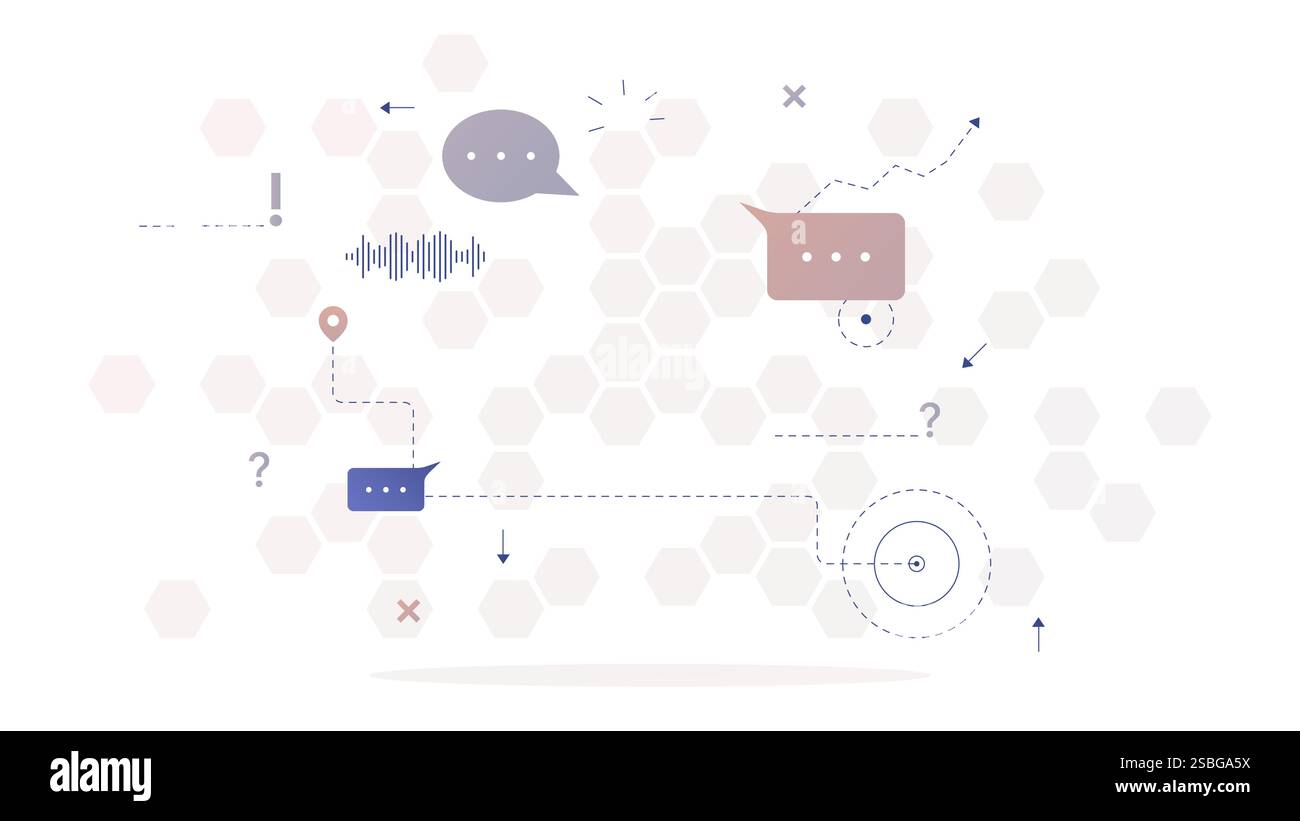 Fond vectoriel fait d'hexagones, avec différents éléments technologiques. Fond de technologie hexagone avec des flèches, des icônes de la piste audio, chat, SMS, questi Illustration de Vecteur