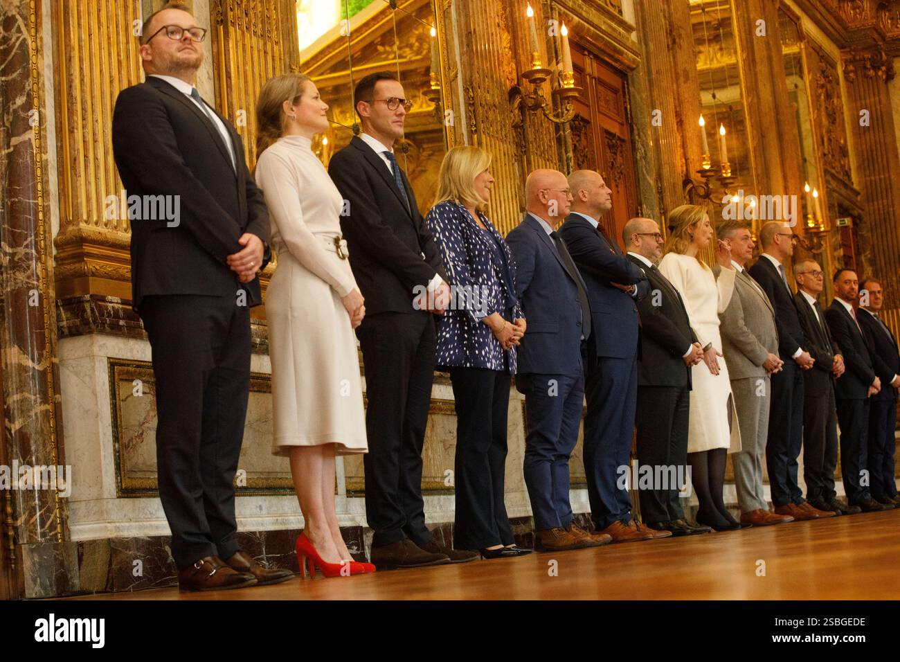 Bruxelles, Belgique. 03rd Feb, 2025. Les ministres nouvellement nommés se préparent à la cérémonie de serment du nouveau premier ministre et des membres du gouvernement fédéral au Palais Royal, lundi 03 février 2025, à Bruxelles. Les négociateurs des cinq partis qui composent la coalition de l'Arizona - la N-va, MR, engagés, Vooruit et CD&V - sont parvenus à un accord gouvernemental vendredi soir. BELGA PHOTO HATIM KAGHAT crédit : Belga News Agency/Alamy Live News Banque D'Images