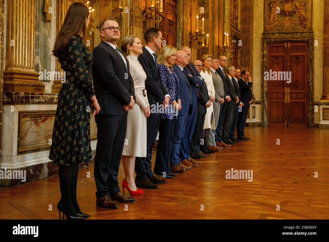 Bruxelles, Belgique. 03rd Feb, 2025. Les ministres nouvellement nommés se préparent à la cérémonie de serment du nouveau premier ministre et des membres du gouvernement fédéral au Palais Royal, lundi 03 février 2025, à Bruxelles. Les négociateurs des cinq partis qui composent la coalition de l'Arizona - la N-va, MR, engagés, Vooruit et CD&V - sont parvenus à un accord gouvernemental vendredi soir. BELGA PHOTO HATIM KAGHAT crédit : Belga News Agency/Alamy Live News Banque D'Images