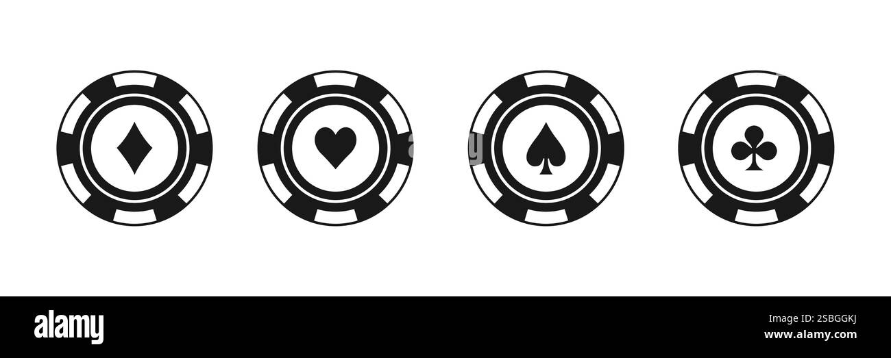 Jetons de poker, icônes de jeux de casino. Pièces de monnaie de jeu, quatre jetons avec des signes de carte de diamant, coeur, pique et club Illustration de Vecteur