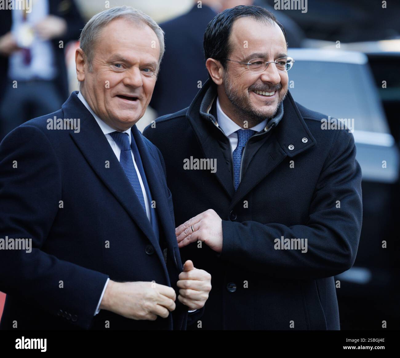 Bruxelles, Belgique. 03rd Feb, 2025. Le premier ministre polonais Donald Tusk et le président chypriote Nikos Christodoulides photographiés lors d'une retraite informelle des dirigeants de l'UE pour discuter de la défense européenne, à Bruxelles, lundi 3 février 2025. BELGA PHOTO BENOIT DOPPAGNE crédit : Belga News Agency/Alamy Live News Banque D'Images