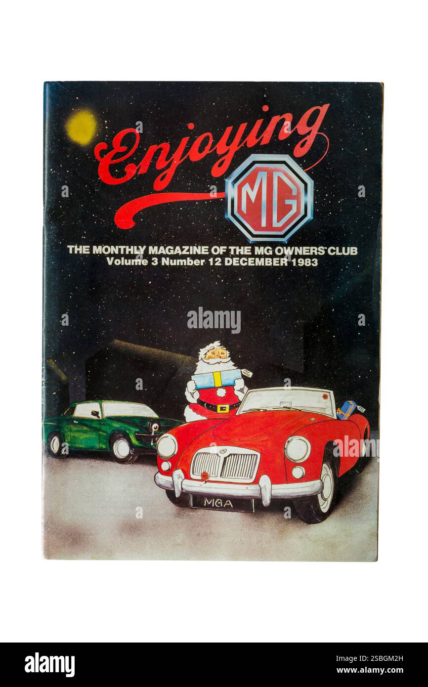 Old Enjoy magazine, MG le magazine mensuel du MG Owners Club isolé sur fond blanc - volume 3 numéro 12 décembre 1983 Banque D'Images