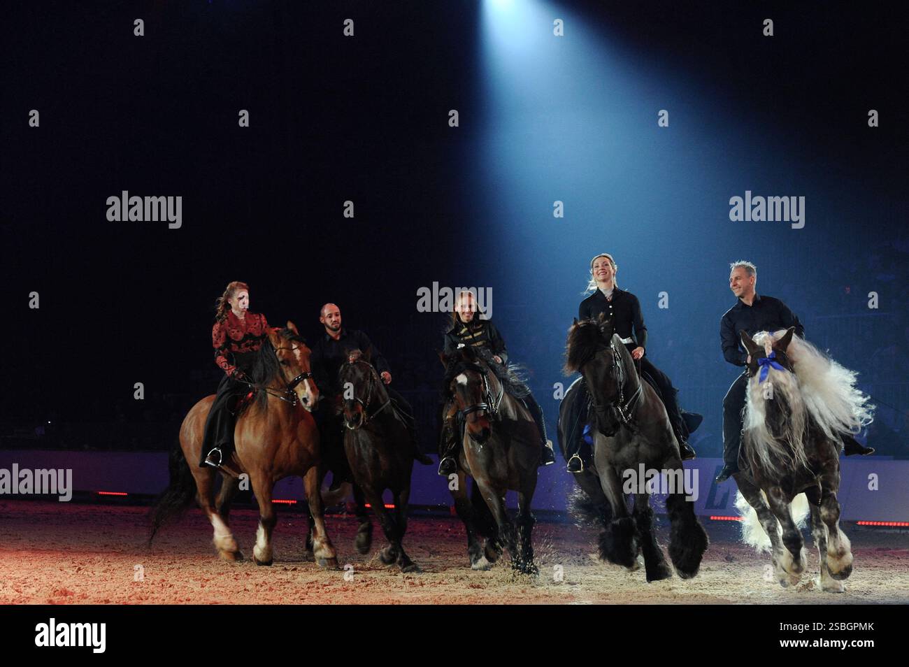 Elise Roméo présente son spectacle « l'équilibre des forces ». Ce numéro de dressage rassemble autour d'Elise Roméo des races françaises de chevaux lourds (Boulonnais, Ardennes, Comtois, Draft Breton, Auxois, projet Poitevin Mulassier, projet Percheron du Nord). Elle vous invite à dépoussiérer des idées préconçues avec notamment son étalon Cob Normand et sa mule « Juju », à l’exposition Park d’Avignon le 26 janvier 2025. Photo de Cyrille Bernard/ABACAPRESS. COM Banque D'Images