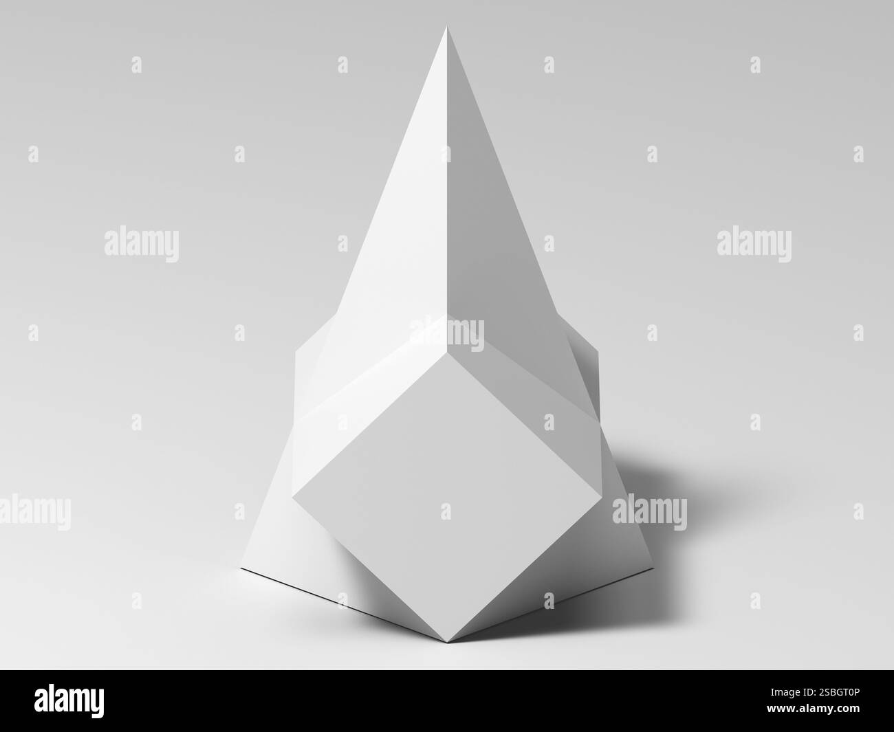 Installation géométrique abstraite, pyramide blanche croisée avec une boîte, illustration de rendu 3D. Banque D'Images