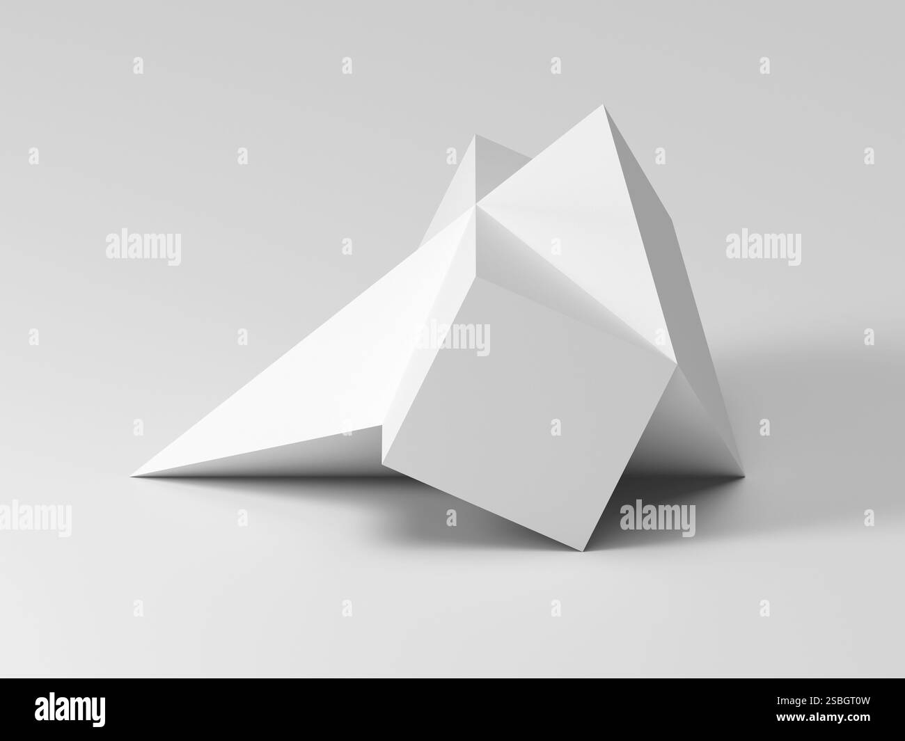 Installation géométrique blanche abstraite, pyramide croisée avec une boîte est dans une scène vide, illustration de rendu 3D. Banque D'Images