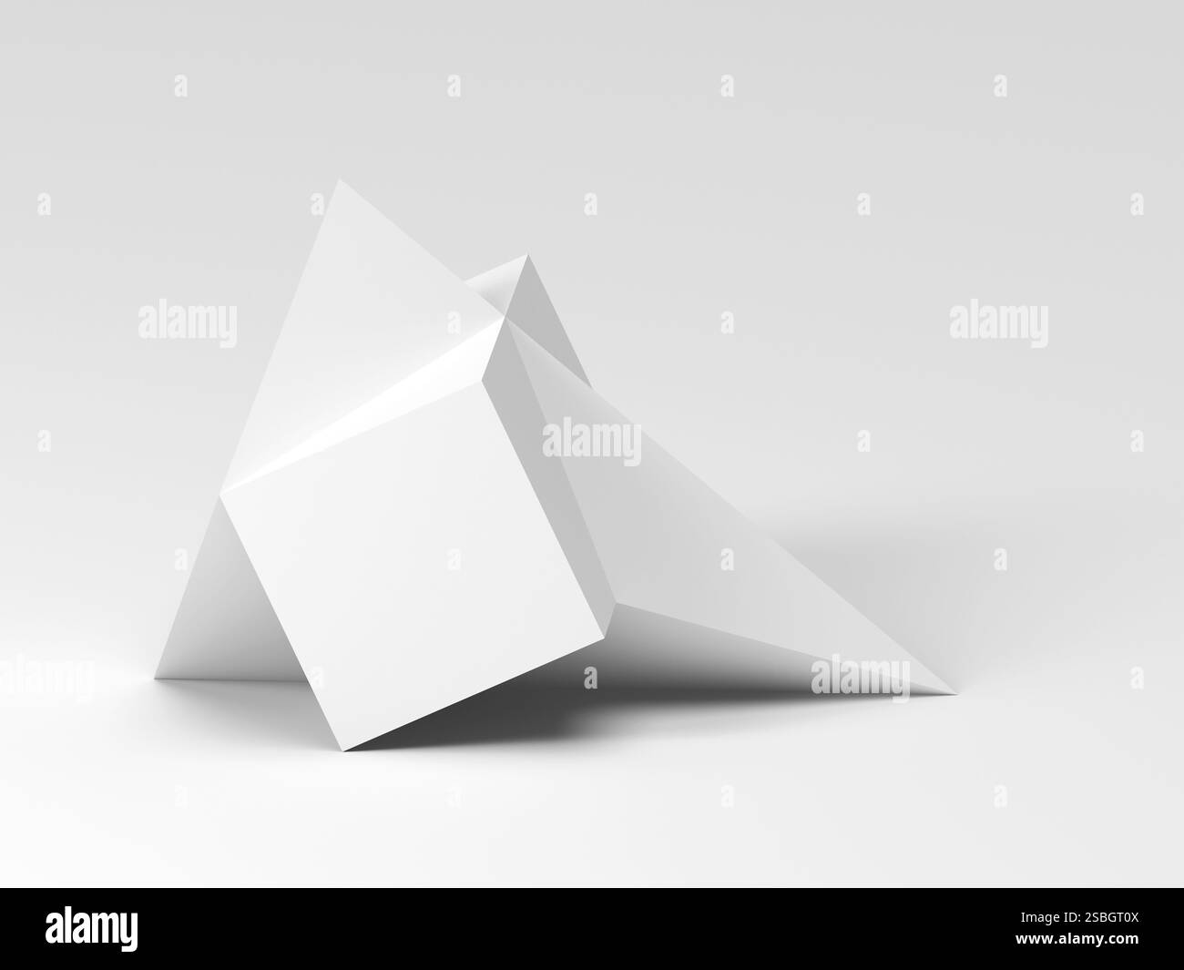 Pyramide fusionnée avec une boîte est dans une scène vide. Installation géométrique blanche abstraite, illustration de rendu 3D. Banque D'Images