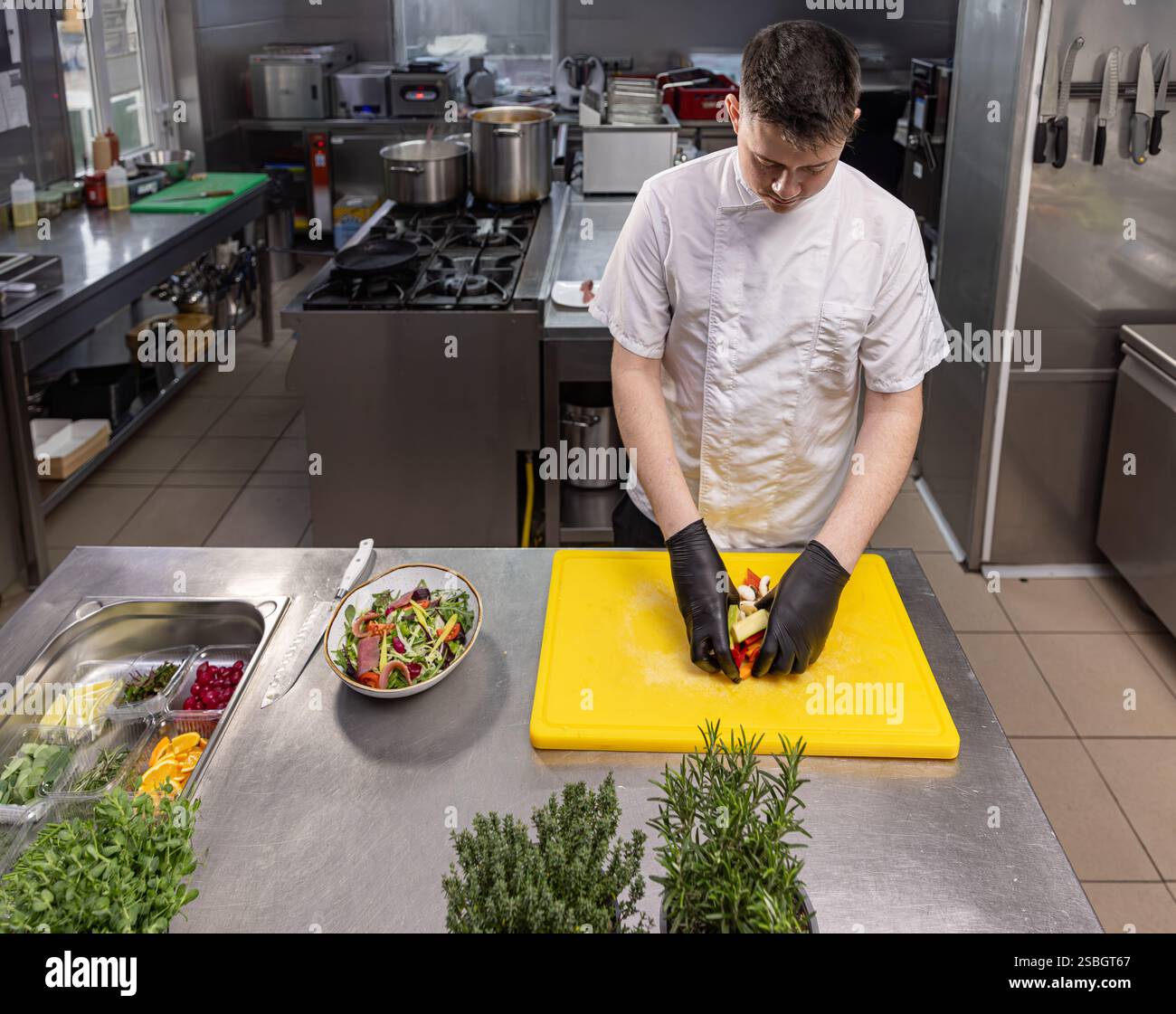 Chef dans la cuisine restarant prêt à cuisiner un repas sain Banque D'Images
