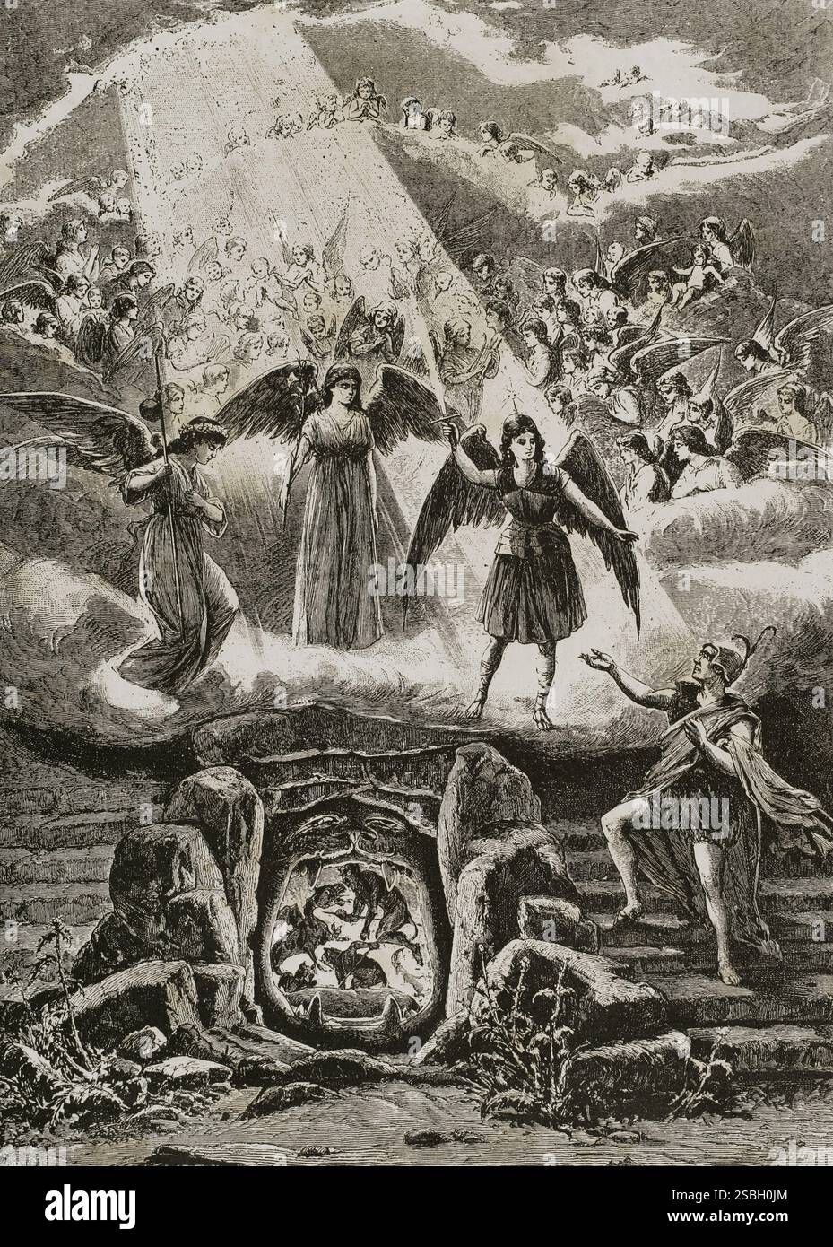 Faust. Tragédie écrit par Johann Wolfgang von Goethe (1749-1832). Représentation d'une scène de la pièce tragique : Prologue in Heaven. Gravure. La ilustración. Revista hispano-americana, 1884. Banque D'Images