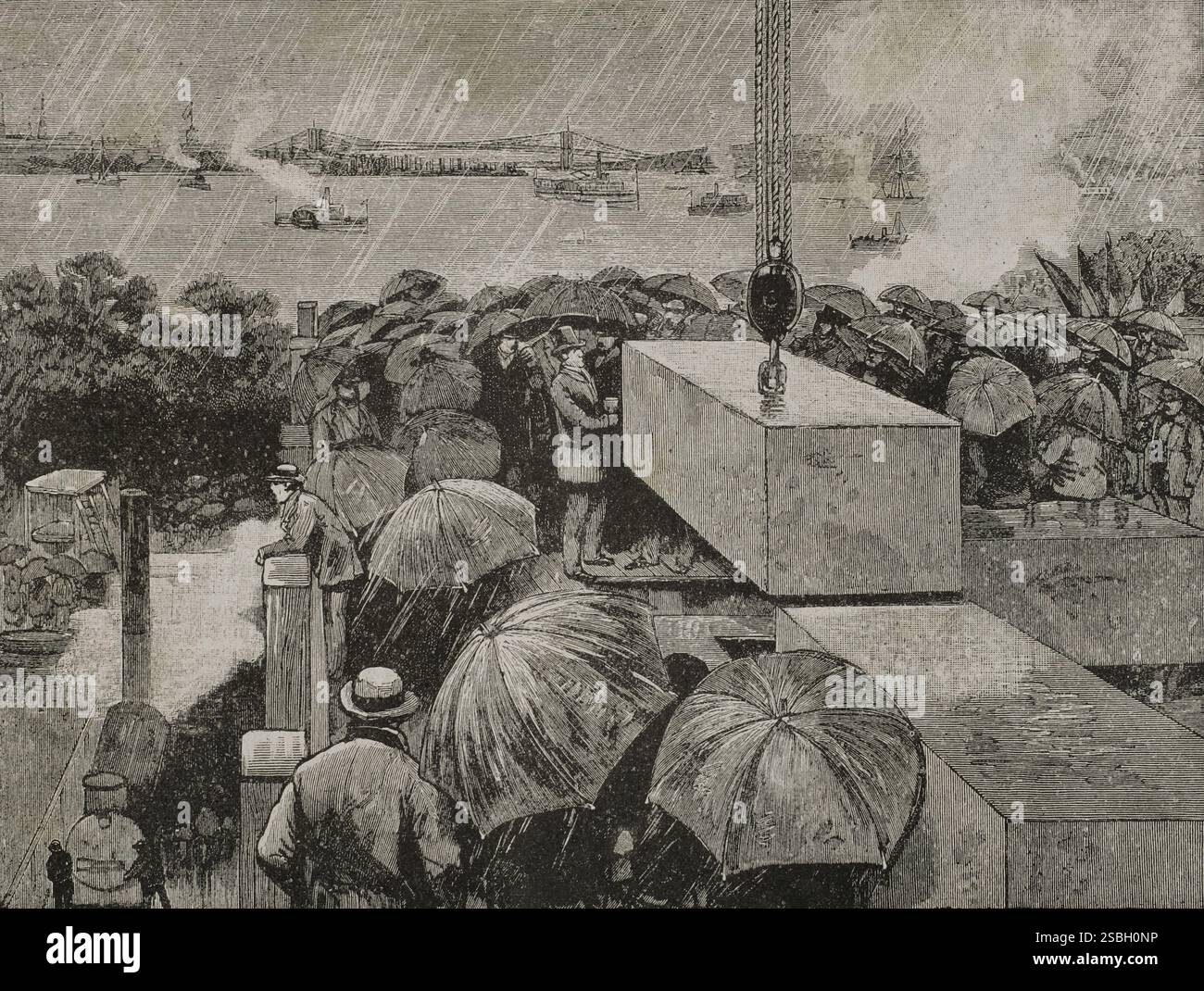 New York, États-Unis. Pose de la pierre angulaire des fondations de la statue « liberté éclairant le monde » (Statue de la liberté), le 5 août 1884. Début des travaux de construction des grandes fondations pour soutenir la statue, œuvre de Frédéric Auguste Bartholdi (1834-1904), qui choisit l'île Bedloe pour son emplacement, plus tard connue sous le nom d'île de la liberté. La statue a été livrée par la France aux États-Unis à Paris. Gravure. La ilustración. Revista hispano-americana, 1884. Banque D'Images