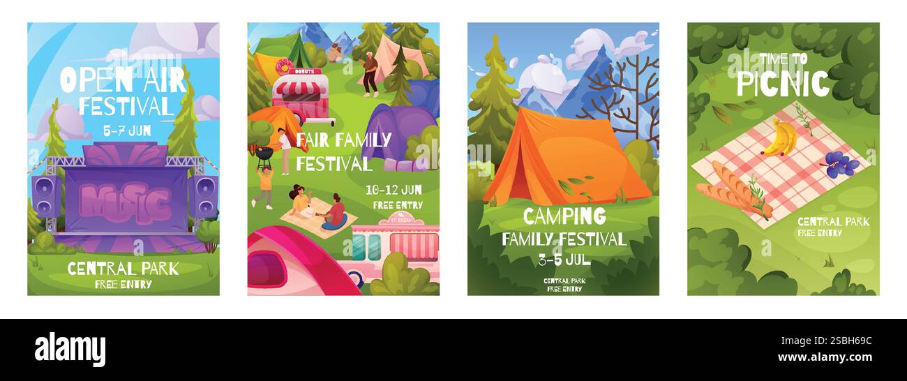 Affiche pique-nique. Concert extérieur de parc de camp, fond de fête d'été de nourriture et de musique, fête de rue éco. Bannière d'invitation sur le festival. Tente en forêt. Vect Illustration de Vecteur
