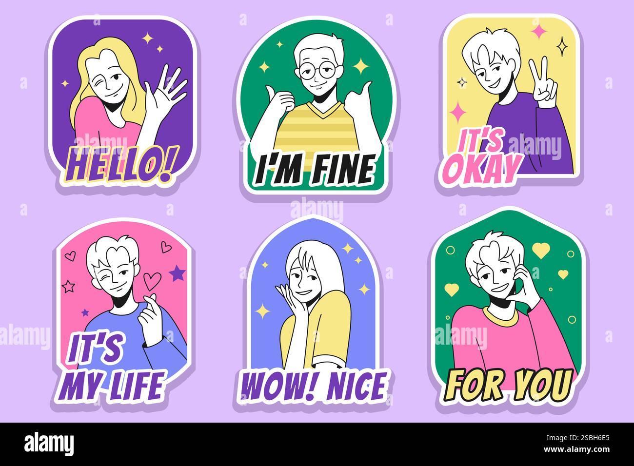 Autocollant de gens. Mignon badge dessiné à la main. Portraits de dessins animés avec de bonnes phrases. Gestes OK drôles. Homme positif. Heureuse femme branchée. Aimez les cœurs. Bonjour le Illustration de Vecteur