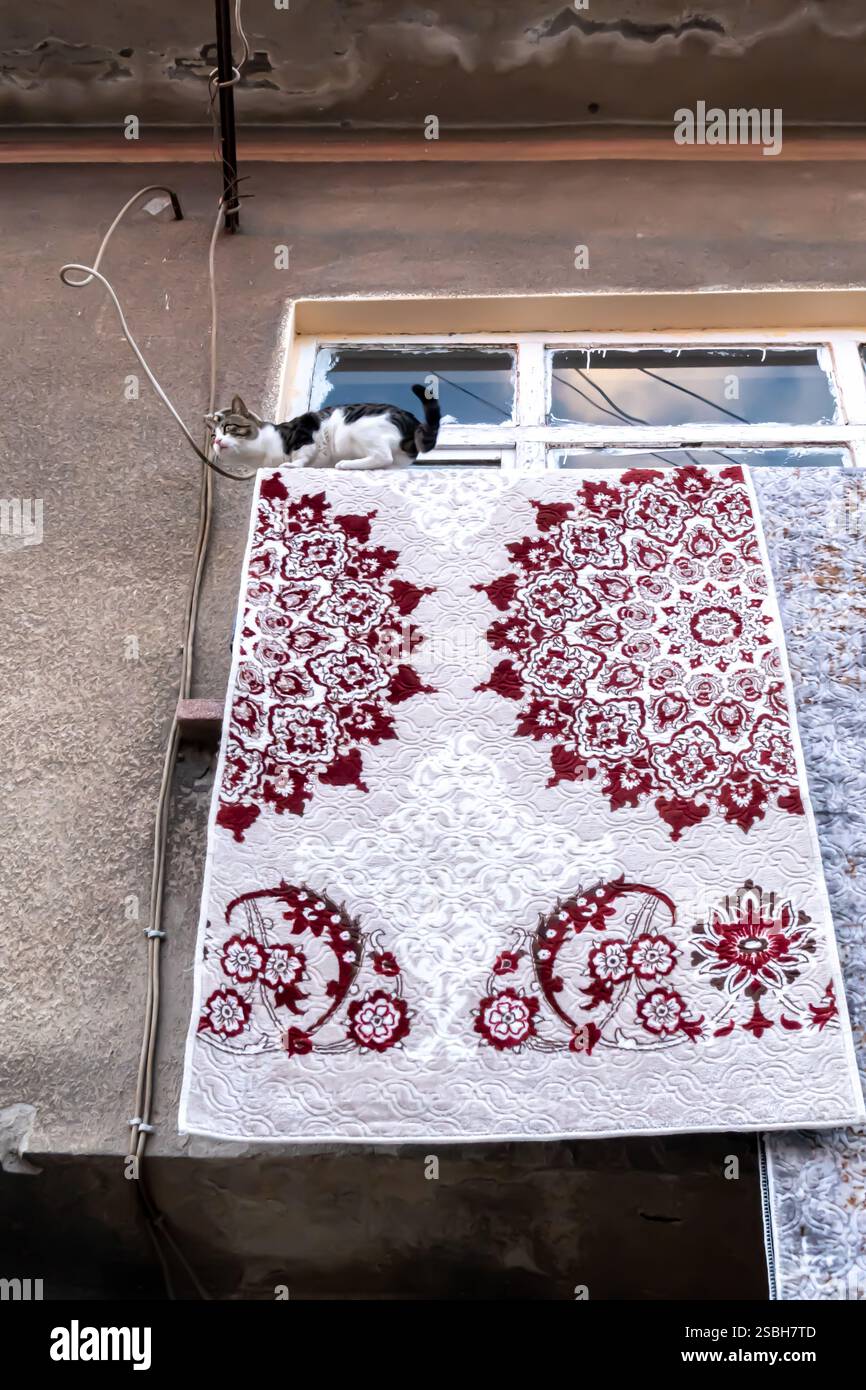 Tapis traditionnel suspendu au balcon dans l'historique Diyarbakır Turquie Turkiye Banque D'Images