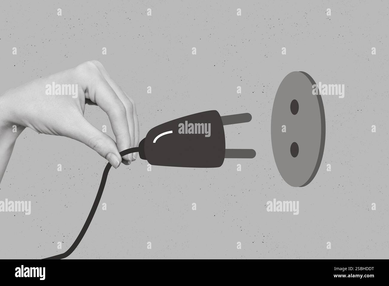 Création rétro 3D magazine collage image de bras tournant sur le plug dans le dispositif moderne isolé peinture arrière-plan Banque D'Images