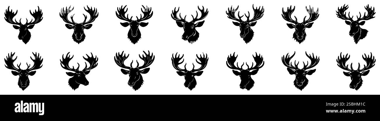 Renne du Nord. Ensemble de silhouettes noires de tête de cerf de Noël avec bois. Illustration vectorielle Illustration de Vecteur Renne du Nord. Ensemble de silhouettes noires de tête de cerf de Noël avec bois. Illustration vectorielle Illustration de Vecteur