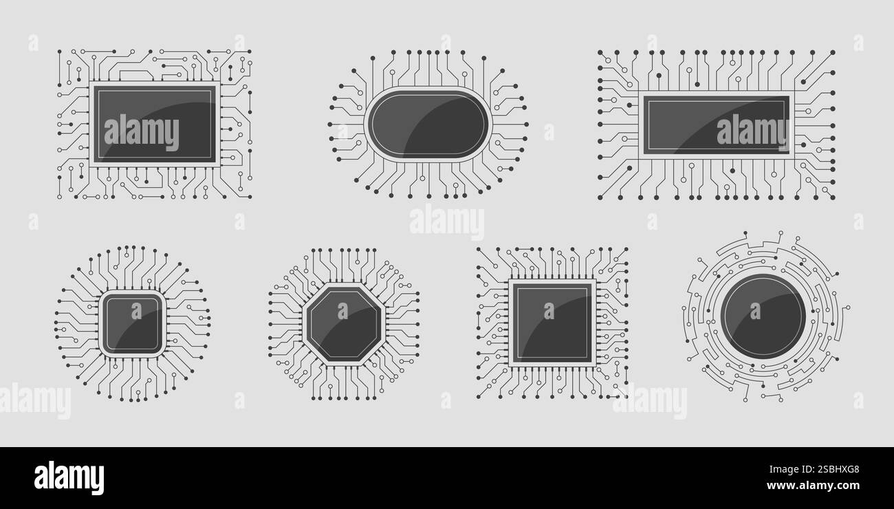 Cadre de puce électronique. Bordures numériques stylisées de processeur récentes places de processeurs d'ordinateur vectoriels Illustration de Vecteur