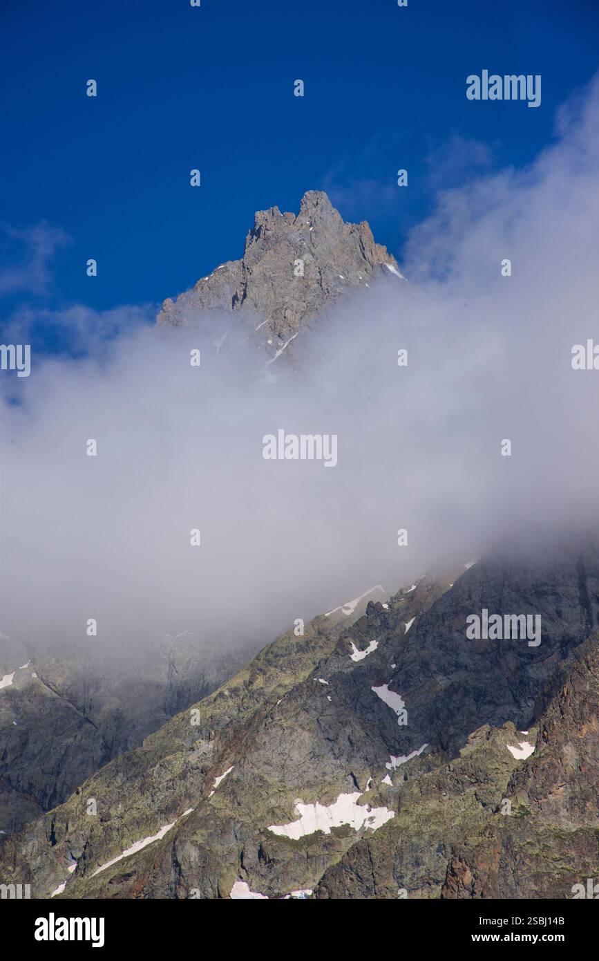 Le sommet de la montagne sur la photo est 'le Pelvoux' dans le massif des Écrins, France. Le Pelvoux est un sommet important situé dans les Alpes du Dauphiné, près du village d'Ailefroide en France. Il a plusieurs sommets, dont le plus haut est la pointe Puiseux, qui culmine à 3 946 mètres (12 946 pieds). L'aspect déchiqueté et accidenté du pic et du paysage environnant, combiné avec la vue depuis le pré de Madame Carle, sont révélateurs du Pelvoux. C'est l'un des sommets les plus reconnus de la région des Écrins. Banque D'Images