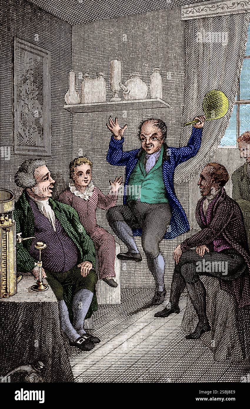Un homme dansant et riant à cause des effets de l'oxyde nitreux. Gravure de John Joseph Griffin, 1802-1877. Colorisé. Banque D'Images