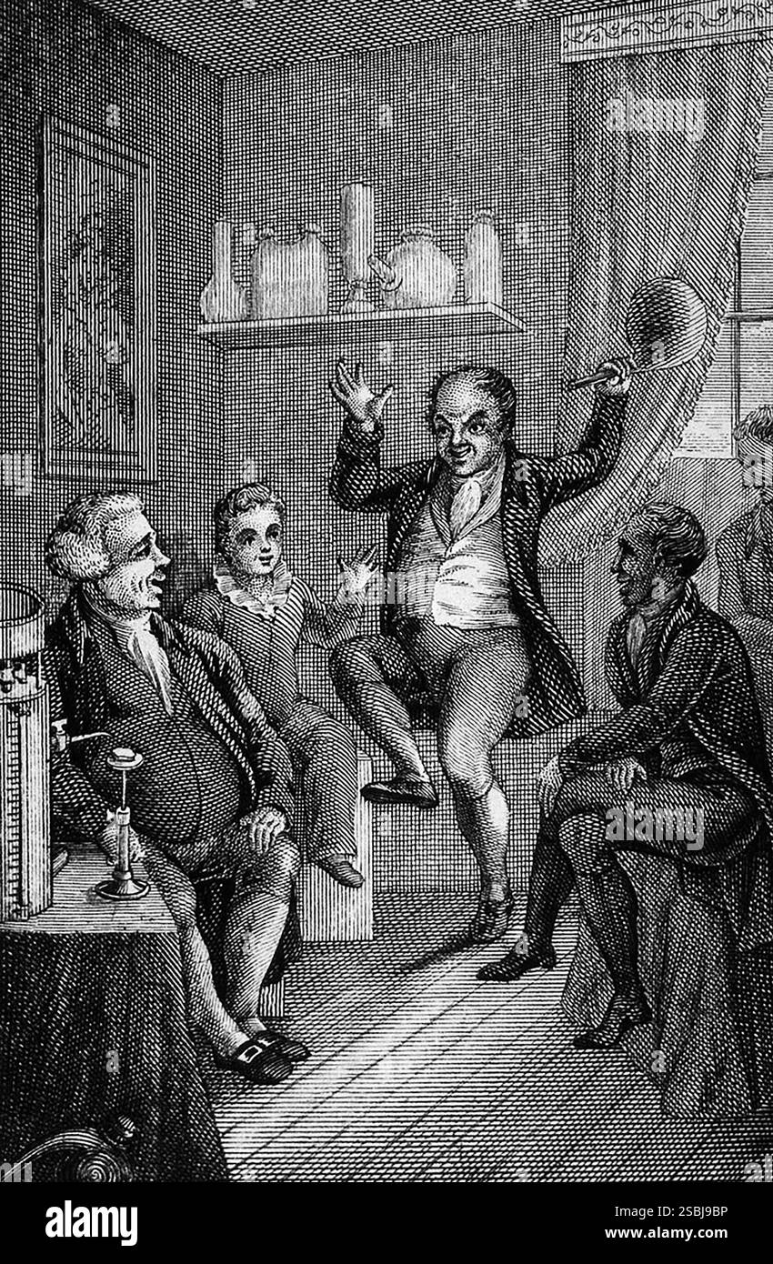 Un homme dansant et riant à cause des effets de l'oxyde nitreux. Gravure de John Joseph Griffin, 1802-1877. Banque D'Images