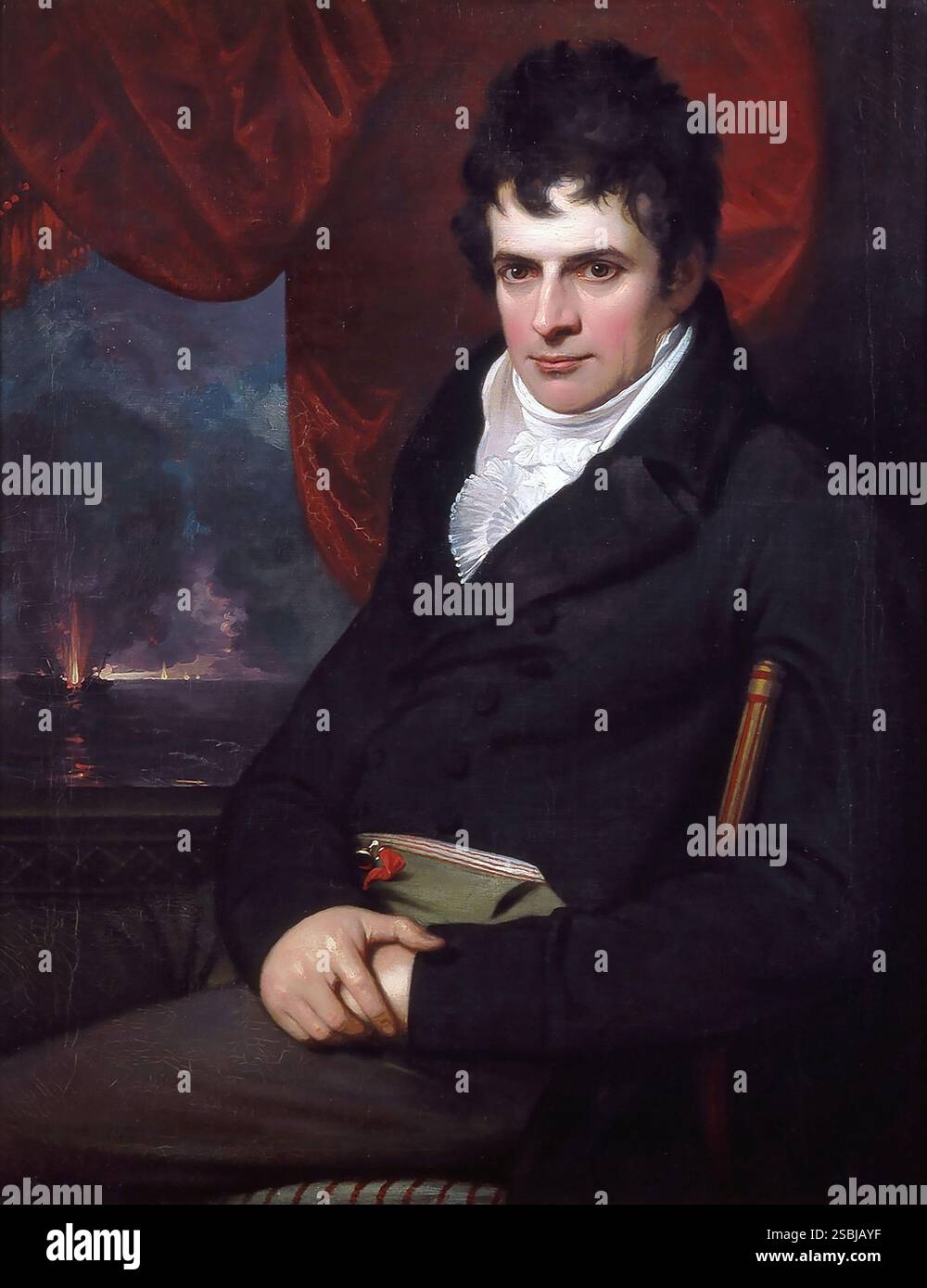 Robert Fulton (1765-1815), peint par Benjamin West en 1806 à Londres en Angleterre. Fulton était un ingénieur et inventeur américain qui a développé le premier bateau à vapeur à succès commercial au monde, le North River Steamboat (également connu sous le nom de Clermont), qui en 1807 transportait des passagers sur le fleuve Hudson de New York à Hudson et vice-versa. En 1800, il crée le Nautilus, le premier sous-marin pratique. Banque D'Images