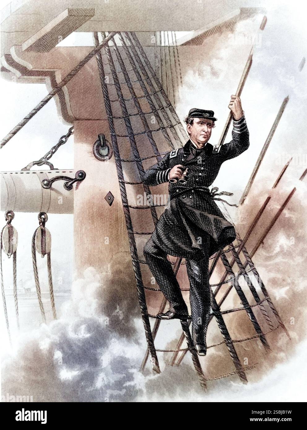 Il participe à la bataille de Mobile Bay, le 5 août 1864. L'amiral David G. Farragut dirige la bataille depuis le gréement de l'USS Hartford. David Glasgow Farragut (5 juillet 1801 - 14 août 1870) était un officier de la marine des États-Unis pendant la guerre de Sécession. Il est le premier contre-amiral, vice-amiral et amiral de l'USN. On se souvient de lui pour son ordre à la bataille de Mobile Bay généralement paraphrasé comme « Damn the Torpedoes, full speed Ahead ». La carrière navale de Farragut a commencé comme aspirant à l'âge de neuf ans, et a continué pendant 60 ans jusqu'à sa mort à l'âge de 69 ans. Banque D'Images
