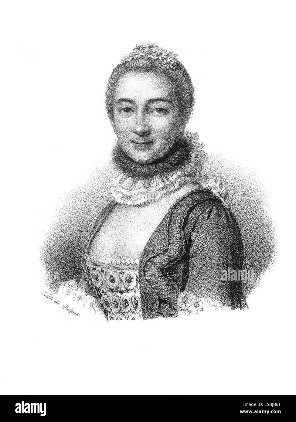 Lithographie de Gabrielle Emilie de Breteuil, marquise du Châtelet. Emilie du Châtelet (1706-1749) est une philosophe naturelle et mathématicienne française connue pour sa traduction et ses commentaires sur le livre d'Isaac Newton sur les lois de la physique, Philosophiae Naturalis Principia Mathematica (1687). Son commentaire comprend une contribution à la mécanique newtonienne. Gravure anonyme, v. 1818-1842. Banque D'Images