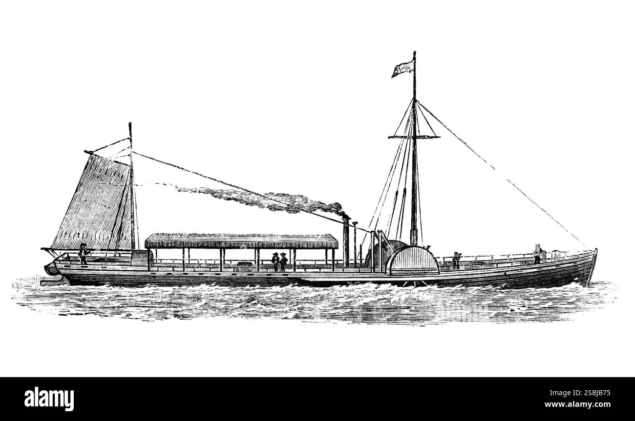 Gravure de Clermont de Robert Fulton. Robert Fulton (1765-1815) était un ingénieur et inventeur américain qui a développé le premier bateau à vapeur à succès commercial au monde, le North River Steamboat (également connu sous le nom de Clermont), qui en 1807 transportait des passagers sur le fleuve Hudson de New York à Hudson et vice-versa. Illustration tirée de Galloway, 1881. Banque D'Images