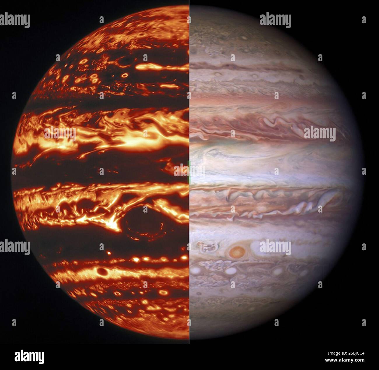 L'image composite montre des vues de Jupiter en infrarouge (à gauche) et en lumière visible (à droite). La vue infrarouge a été acquise par le télescope Gemini North et la vue en lumière visible est du télescope spatial Hubble. L'apparence des bandes de Jupiter est créée par sa couche météorologique formant des nuages. Banque D'Images