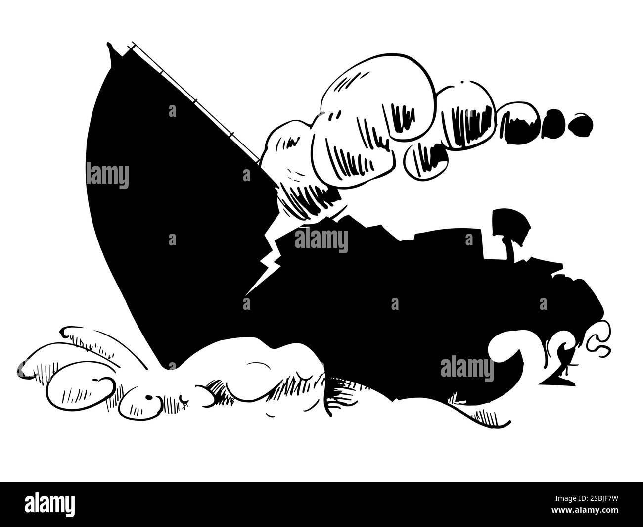 Silhouette d'un navire de guerre naufragé sur un fond blanc. Illustration de Vecteur