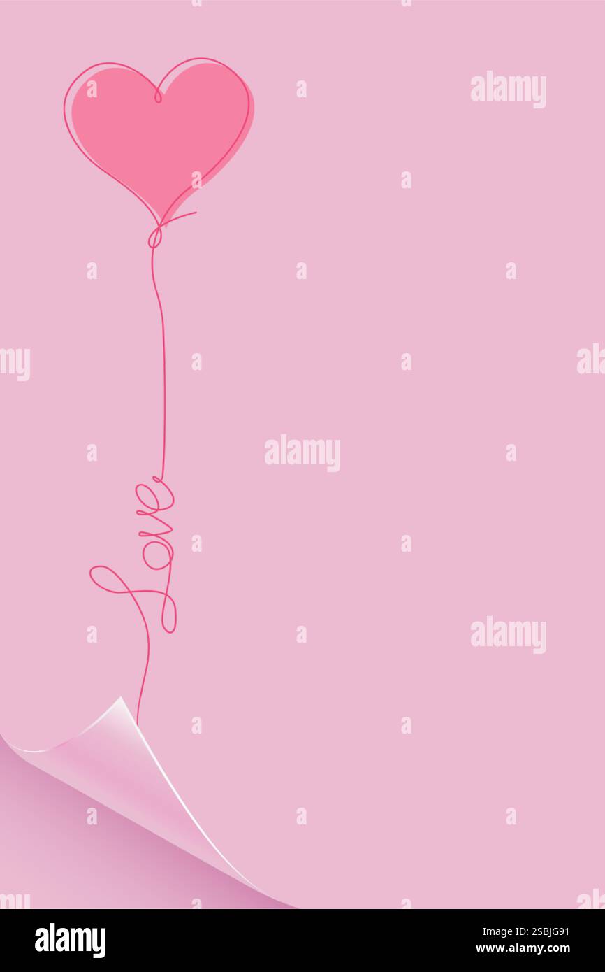 Amour, symbole de ballon de coeur sur la page courbée rose. Saint-Valentin ou fête des mères cadre cadre concept style dessiné à la main, dessin au trait, carte papier minimaliste Illustration de Vecteur