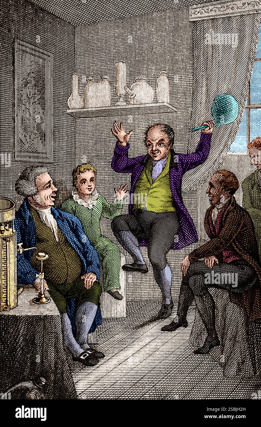 Un homme dansant et riant à cause des effets de l'oxyde nitreux. Gravure de John Joseph Griffin, 1802-1877. Colorisé. Banque D'Images