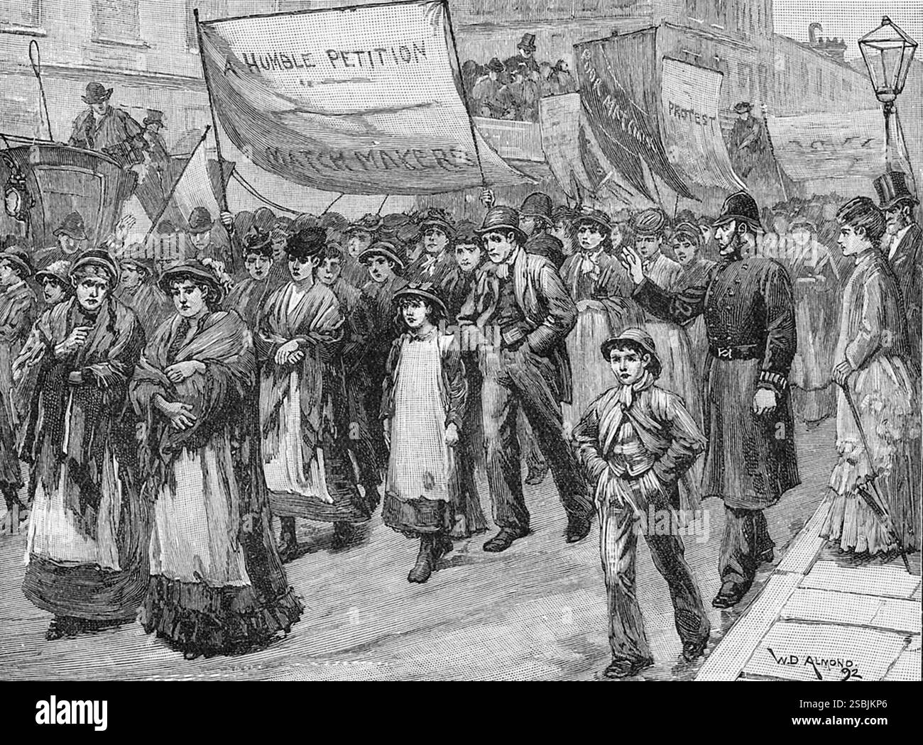 La grève des matchgirls londoniennes du 24 avril 1871, protestant contre un projet de taxe sur les allumettes. Illustration de William Douglas Almond, tirée de Cassell's Century Edition History of England, vers 1901. Banque D'Images