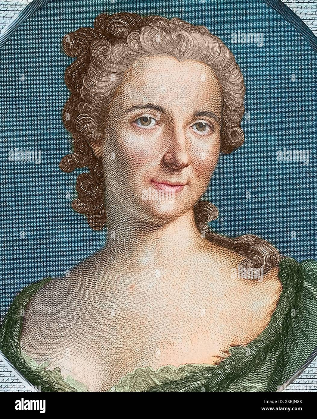 Gravure de Gabrielle Emilie de Breteuil, marquise du Châtelet, par Louis-Simon Lempereur (graveur) et Charles/nMonnet (artiste), v. 1771-2. Emilie du Châtelet (1706-1749) est une philosophe naturelle et mathématicienne française connue pour sa traduction et ses commentaires sur le livre d'Isaac Newton sur les lois de la physique, Philosophiae Naturalis Principia Mathematica (1687). Son commentaire comprend une contribution à la mécanique newtonienne. Colorisé. Banque D'Images