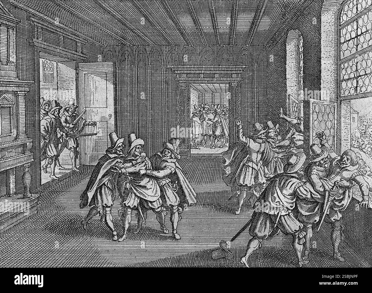 Matth√§US Merian's impression de la défenestration de Prague en 1618. La défenestration est l'acte de jeter quelqu'un par une fenêtre. Le terme a été inventé à peu près au moment d'un incident au château de Prague en l'an 1618, qui est devenu l'étincelle qui a déclenché la guerre de trente ans. Un incident similaire s'est produit à l'hôtel de ville de Prague 200 ans plus tôt, en 1419, qui a conduit à la guerre hussite. Gravure de 1662. Banque D'Images