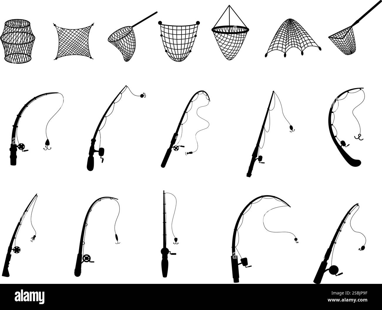 Cannes à pêche noires. Icônes d'outils de pêche à la ligne, tige avec filature et poignées et filets pour la capture commerciale de poisson. Équipement de pêcheurs de nos jours ensemble de vecteur Illustration de Vecteur