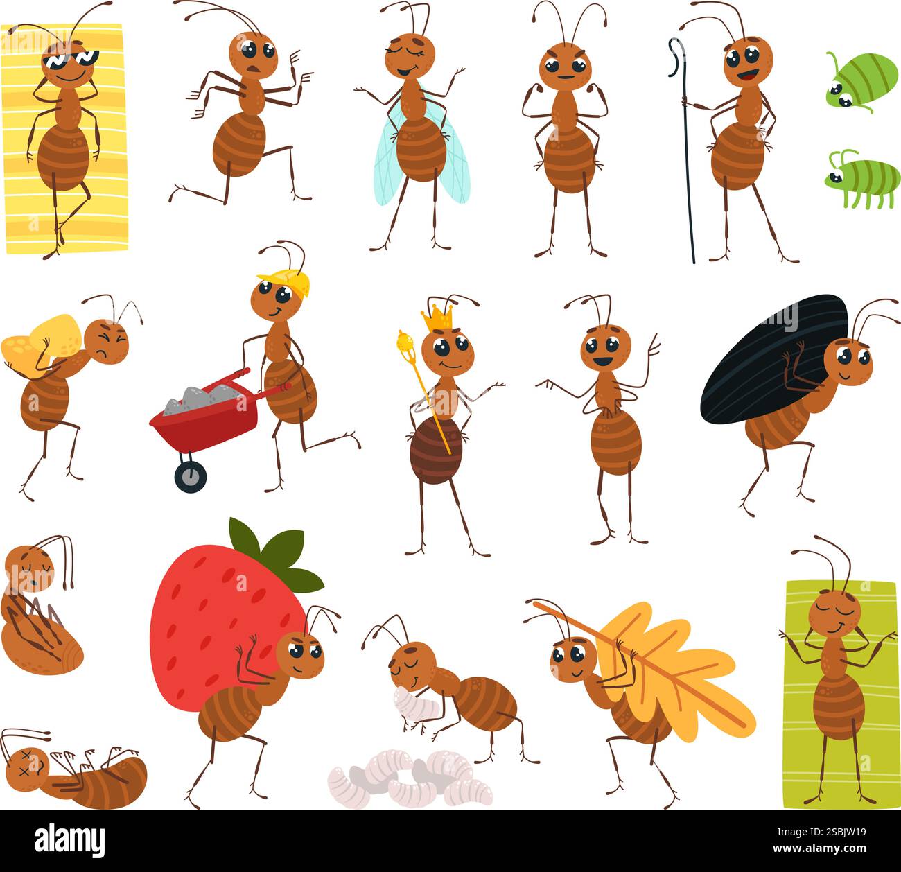 Fourmi de dessin animé mignon. Fourmis drôles travaillant, communiquant, se reposant et soignant pour les larves. Activité des insectes dans diverses poses, flore forestière et faune classe Illustration de Vecteur
