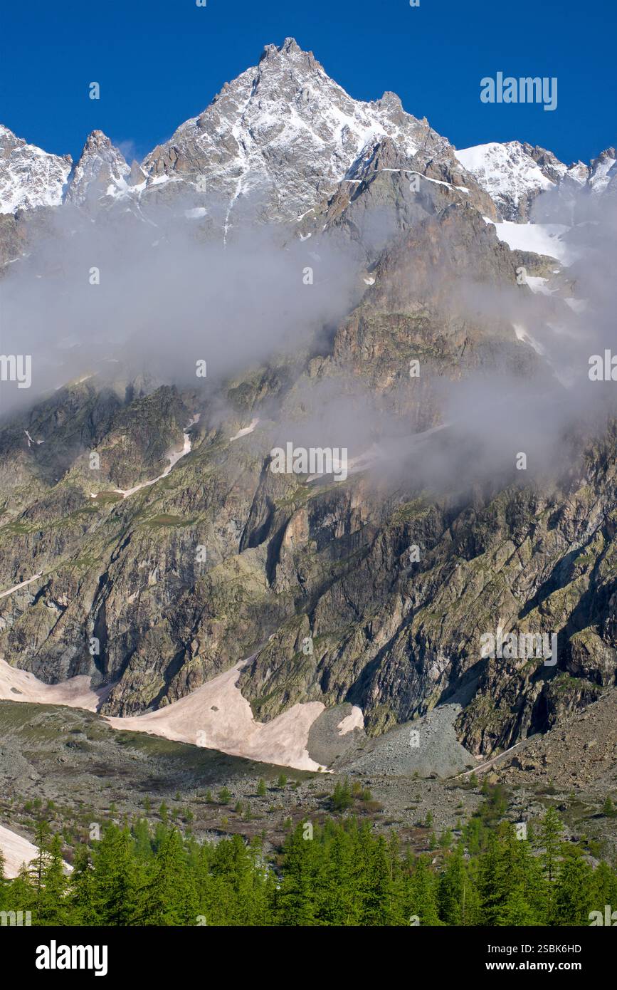 Le sommet de la montagne sur la photo est 'le Pelvoux' dans le massif des Écrins, France. Le Pelvoux est un sommet important situé dans les Alpes du Dauphiné, près du village d'Ailefroide en France. Il a plusieurs sommets, dont le plus haut est la pointe Puiseux, qui culmine à 3 946 mètres (12 946 pieds). L'aspect déchiqueté et accidenté du pic et du paysage environnant, combiné avec la vue depuis le pré de Madame Carle, sont révélateurs du Pelvoux. C'est l'un des sommets les plus reconnus de la région des Écrins. Banque D'Images