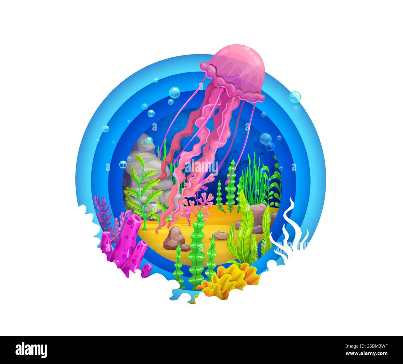 Bannière coupée en papier avec méduses au paysage sous-marin et aux algues, fond vectoriel. Océan sous-marin ou mer vie sous-marine dans l'eau coupée de papier avec Illustration de Vecteur