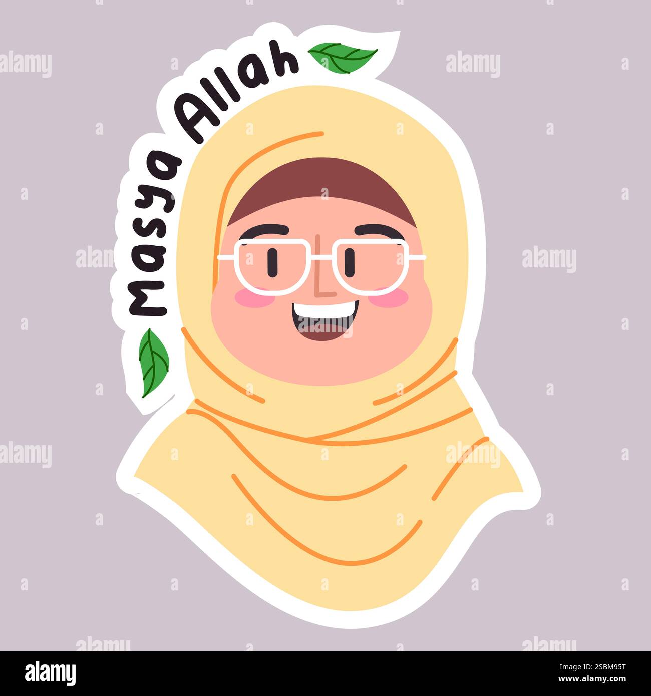 Masya Allah muslimah femme fille femelle portant hijab et lunettes Islam religion personnage heureux reconnaissant joyeux expression faciale texte emoji autocollant Illustration de Vecteur