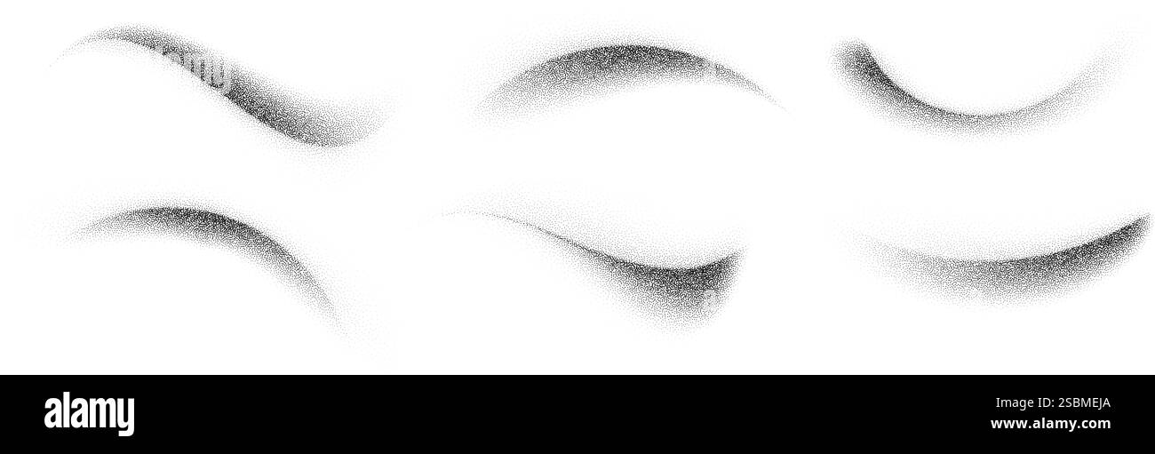 Jeu de coups de pinceau courbes à pointillés. Collection d'éléments de pulvérisation à grains ondulés. Pack éclaboussures de sable noir coulant. Faisceau de nuances à gradient de bruit pointillé. Ondes de texture de particules de poussière éclaboussées. Vecteur Illustration de Vecteur