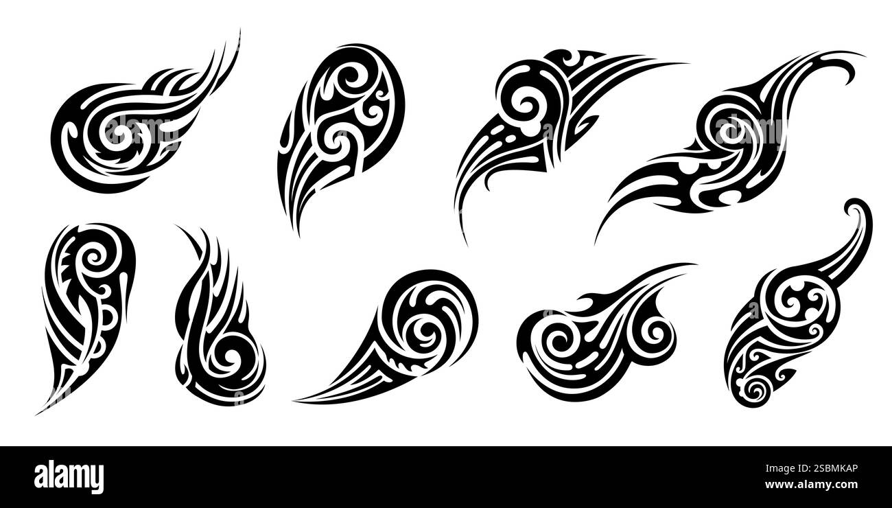 Tatouage maori, ornements tribaux noirs présentant des formes courbes abstraites, des tourbillons et des pointes pointues. Ensemble vectoriel de motifs inspirés par le tatouage traditionnel Ar Illustration de Vecteur