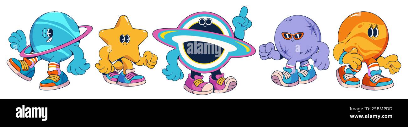 Mascottes de dessin animé Groovy Universe placées dans des baskets - corps célestes lumineux avec des expressions joyeuses, des poses dynamiques et un style tendance. Personnages sur le thème de l'espace pour les enfants médias ou la conception de l'éducation. Illustration de Vecteur