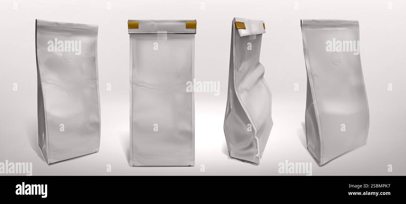 Maquettes de sac à café ensemble isolé sur blanc. Illustration réaliste vectorielle d'un emballage scellé en feuille d'argent pour le thé, les collations ou les biscuits, l'avant des paquets de nourriture 3D, vue latérale avec des ombres, espace vide pour la marque Illustration de Vecteur